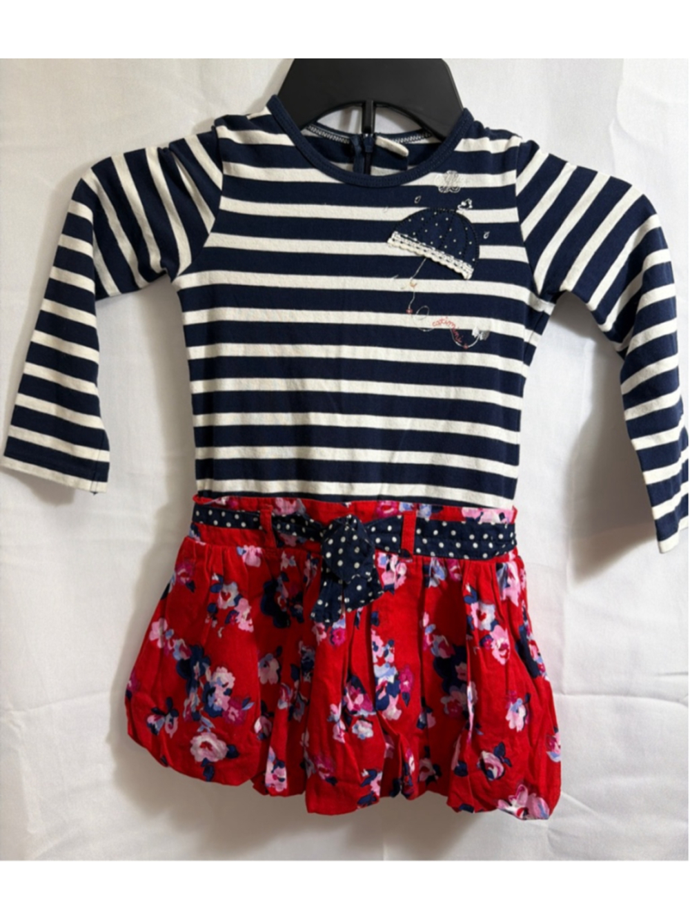 Girls Catimini Bubble Dress Size 3 Blue Red Striped Floral Spring Umbrella